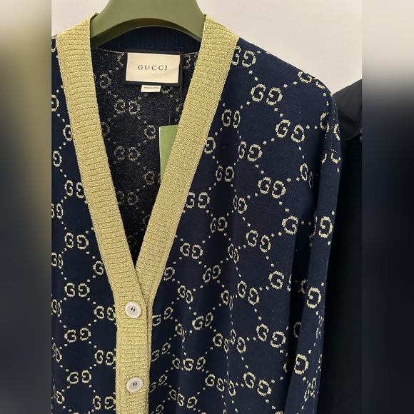 Gucci Navy blue and gold GG Cotton Lame Cardigan Size S - Picture 5 of 8
